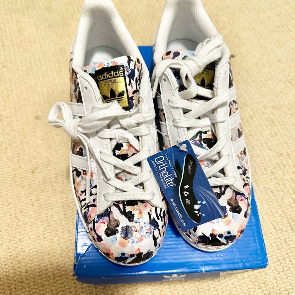 Adidas Superstar J White and Multicolor Sneakers
